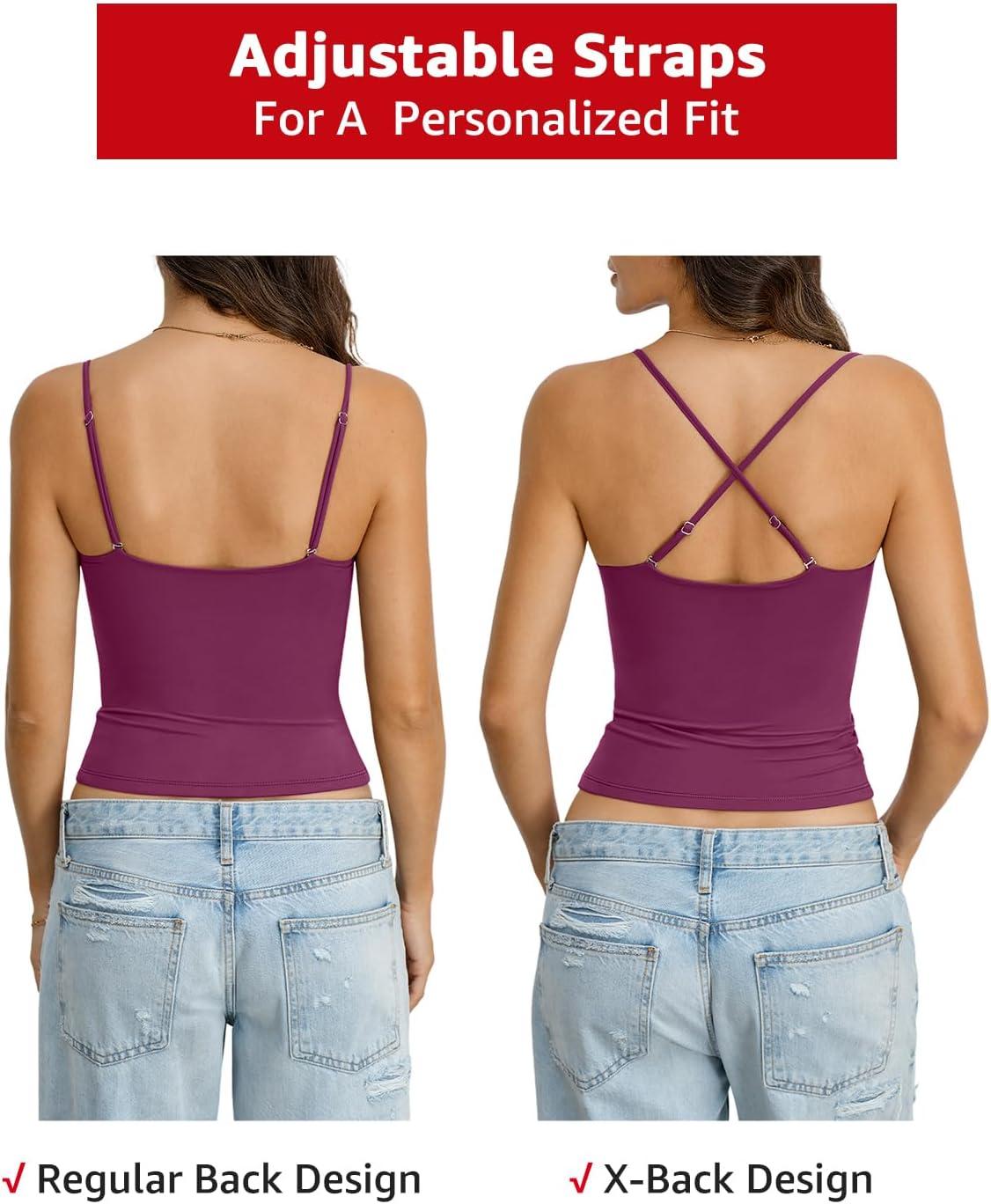 imageWomens Double Lined Crop Tank Top Adjustable Spaghetti Strap Camisole Fitted Summer Shirts Y2k Going Out TopsDark Magenta