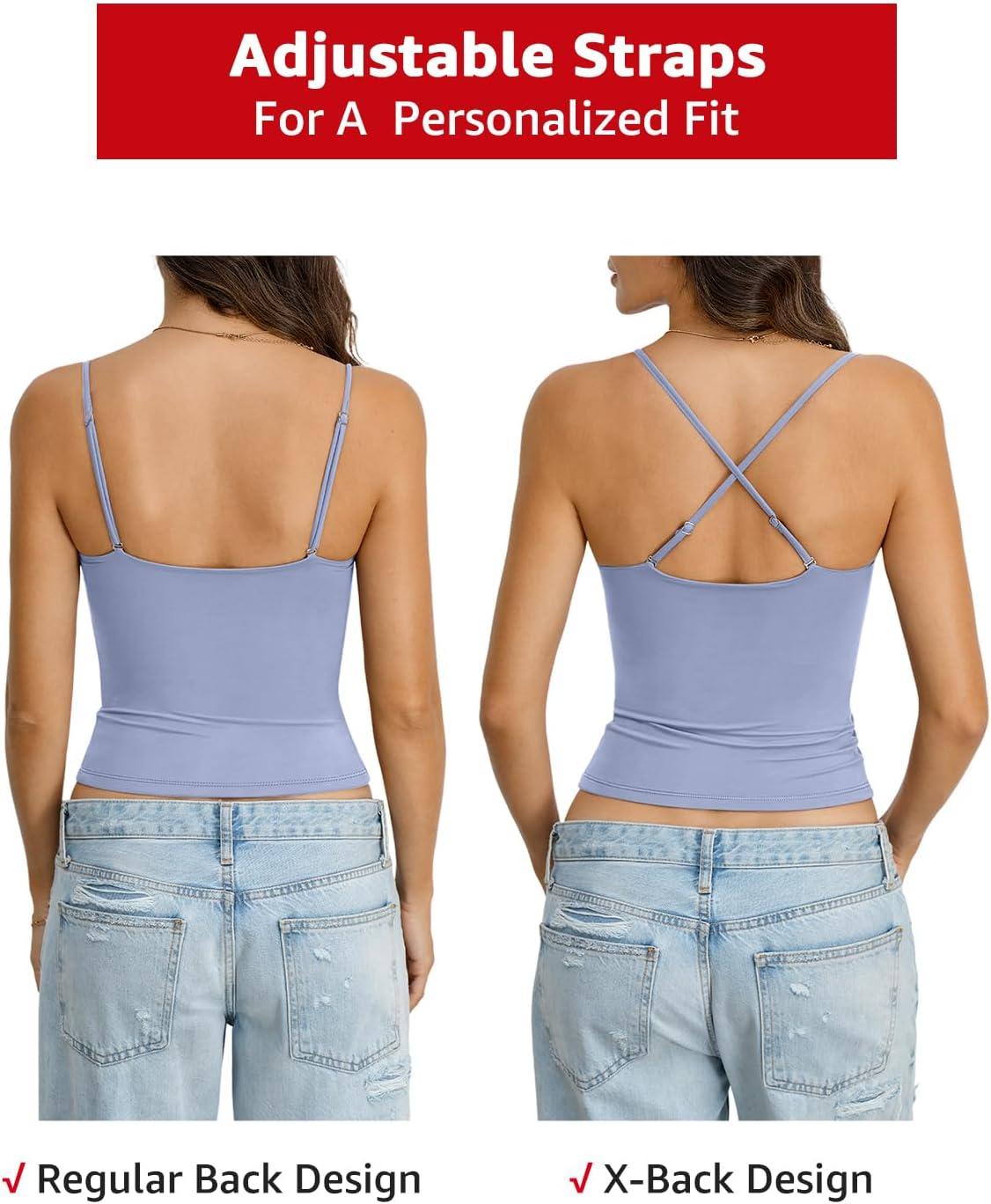 imageWomens Double Lined Crop Tank Top Adjustable Spaghetti Strap Camisole Fitted Summer Shirts Y2k Going Out TopsLight Blue