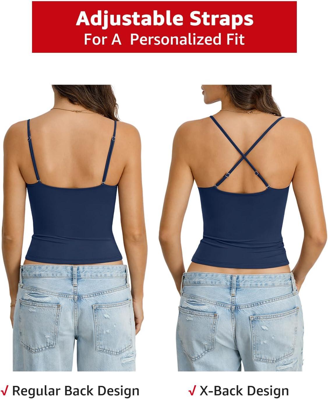 imageWomens Double Lined Crop Tank Top Adjustable Spaghetti Strap Camisole Fitted Summer Shirts Y2k Going Out TopsNavy Blue