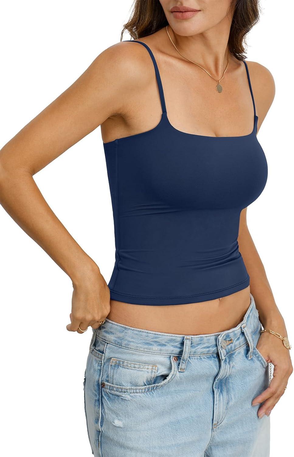 imageWomens Double Lined Crop Tank Top Adjustable Spaghetti Strap Camisole Fitted Summer Shirts Y2k Going Out TopsNavy Blue