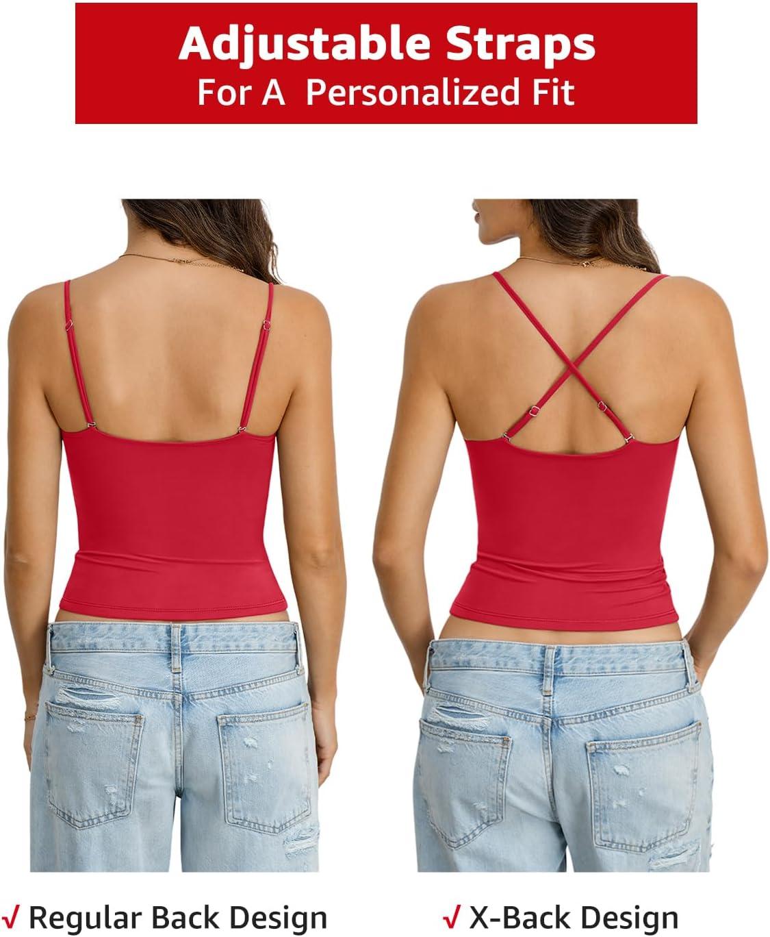 imageWomens Double Lined Crop Tank Top Adjustable Spaghetti Strap Camisole Fitted Summer Shirts Y2k Going Out TopsRed