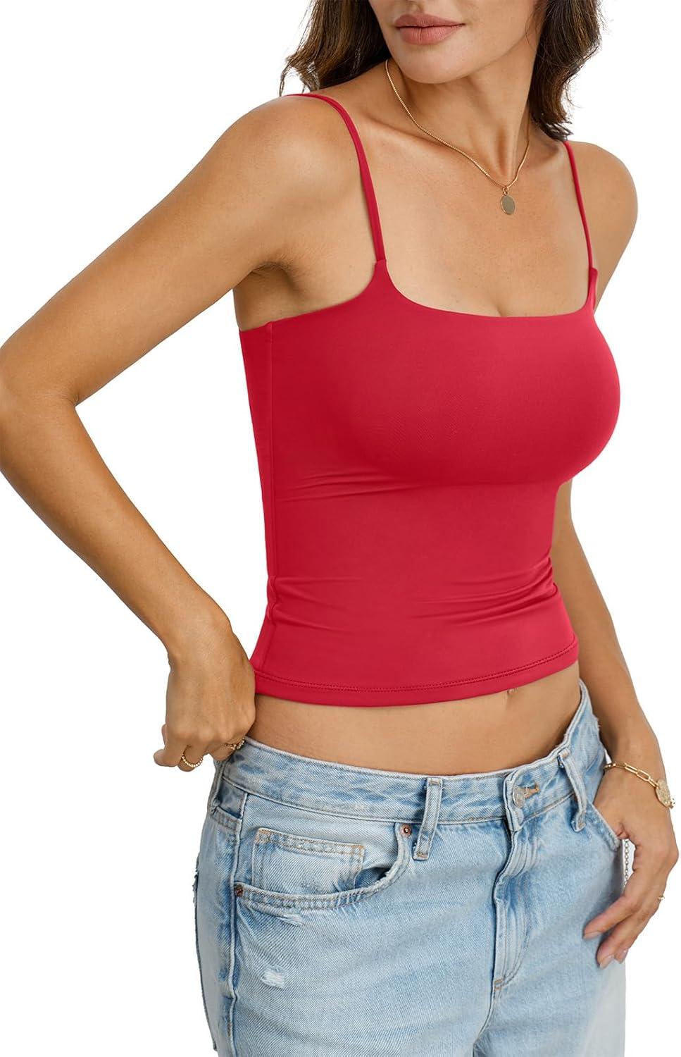 imageWomens Double Lined Crop Tank Top Adjustable Spaghetti Strap Camisole Fitted Summer Shirts Y2k Going Out TopsRed