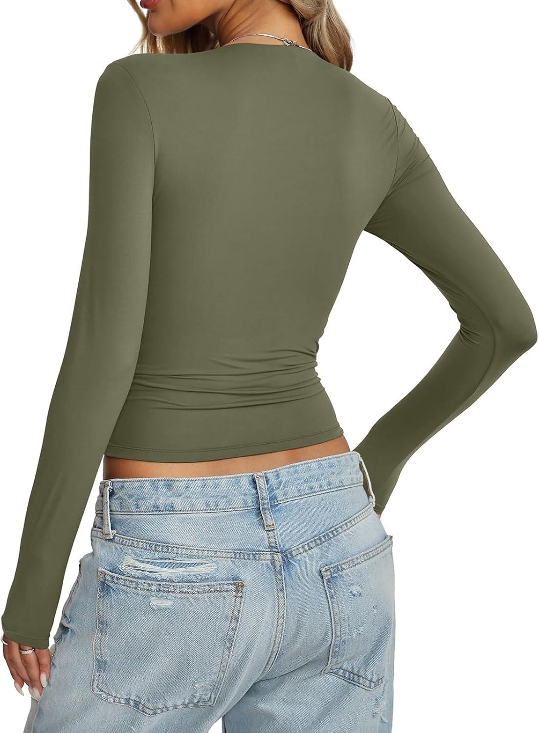 imageWomens Double Lined Long Sleeve Tops Sexy Square Neck Shirt Going Out Tops Fitted Y2K Fashion Fall Tees 2025Army Green