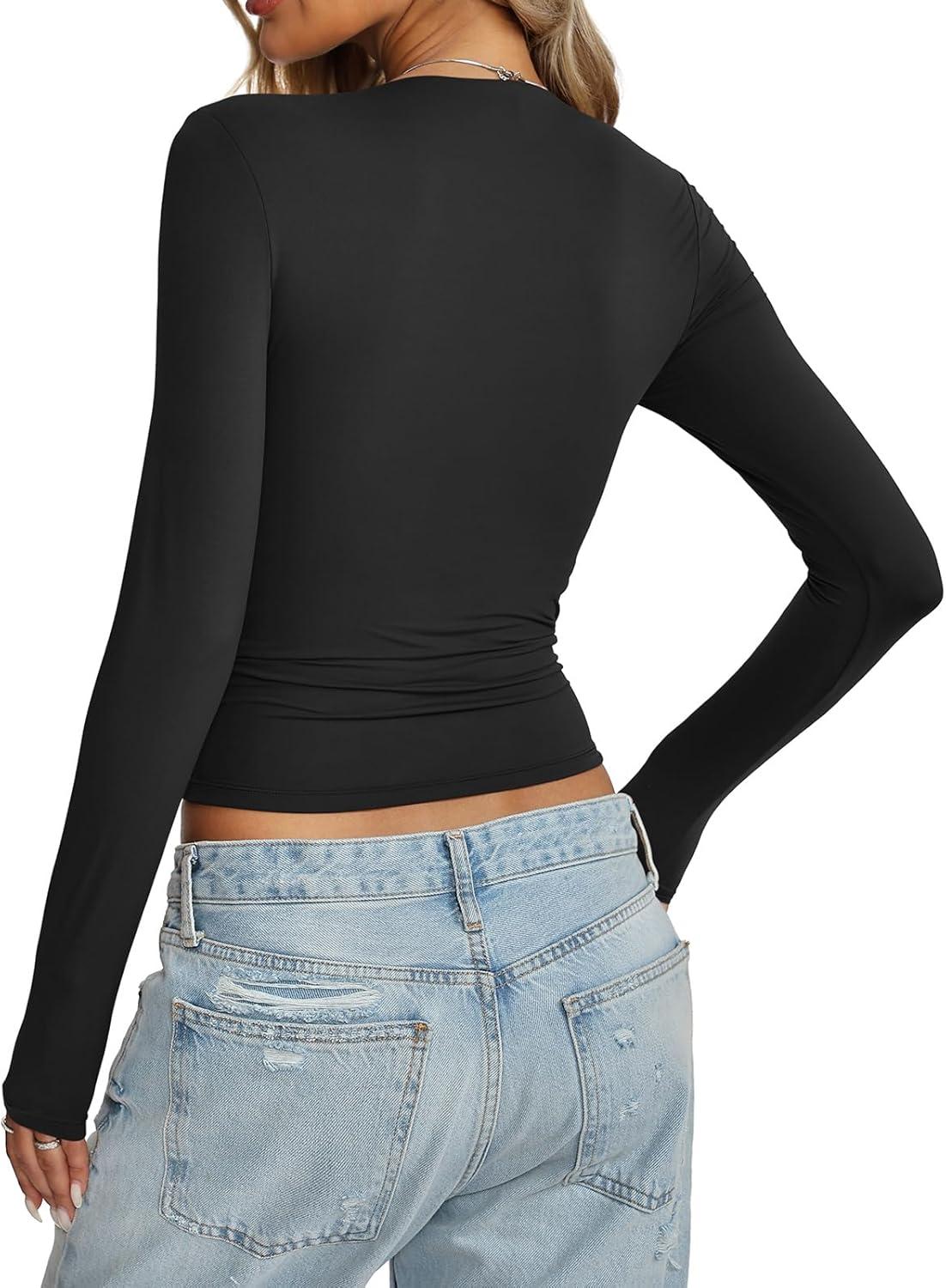 imageWomens Double Lined Long Sleeve Tops Sexy Square Neck Shirt Going Out Tops Fitted Y2K Fashion Fall Tees 2025Black