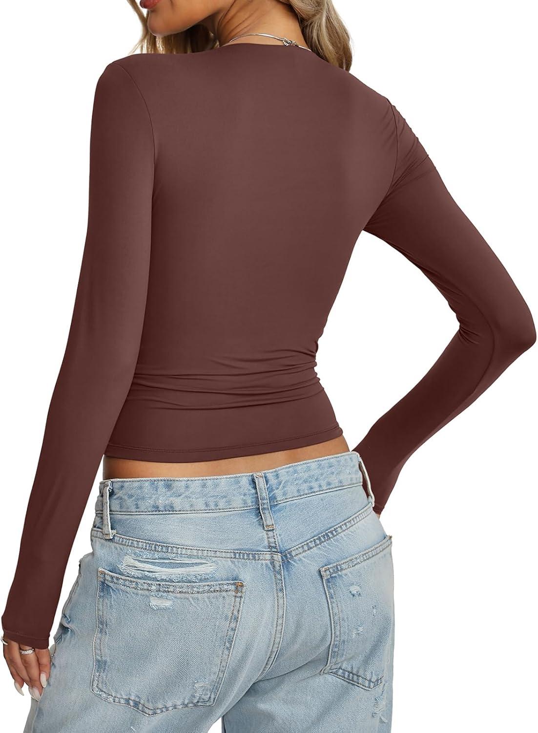 imageWomens Double Lined Long Sleeve Tops Sexy Square Neck Shirt Going Out Tops Fitted Y2K Fashion Fall Tees 2025Brown