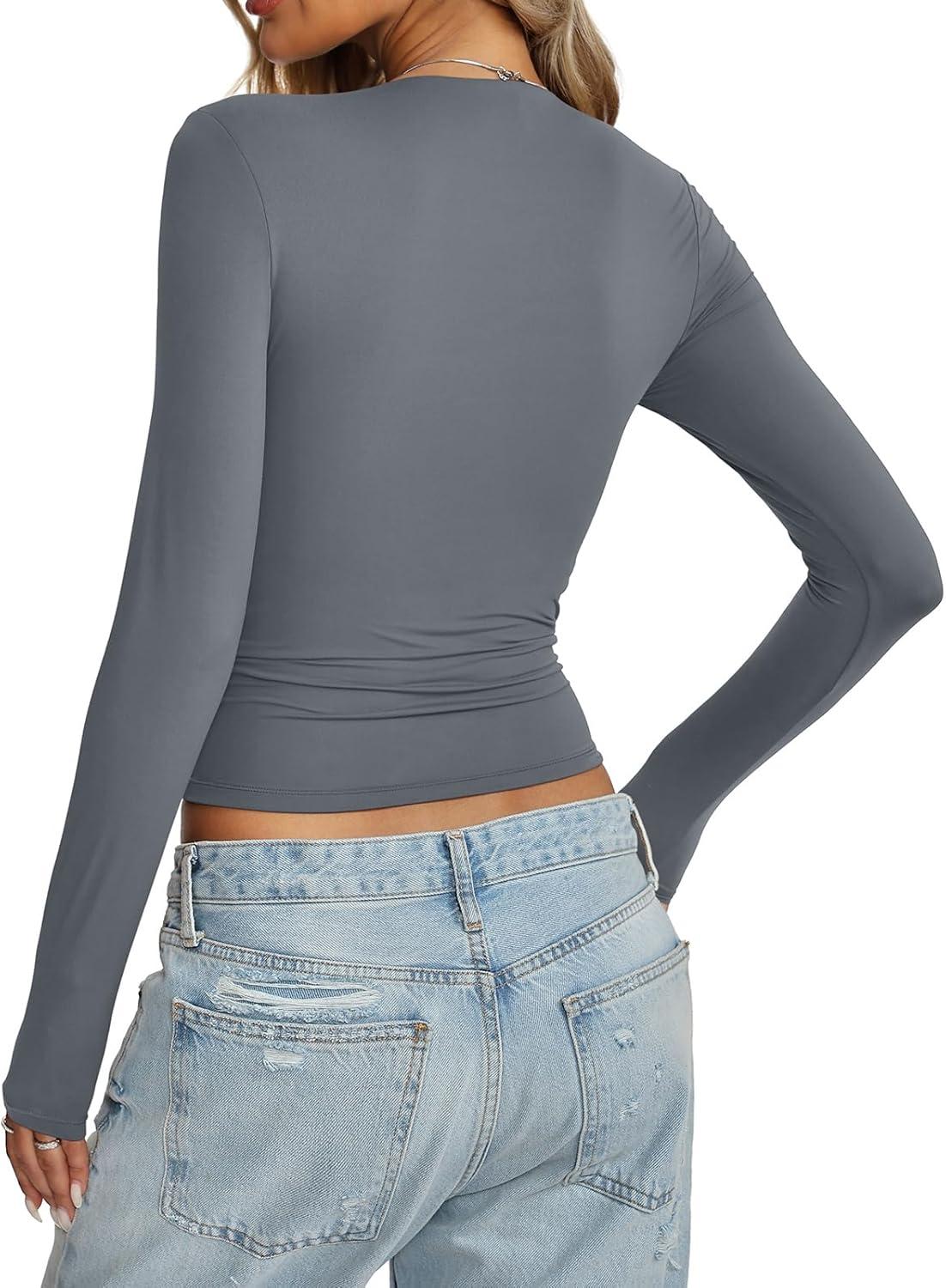 imageWomens Double Lined Long Sleeve Tops Sexy Square Neck Shirt Going Out Tops Fitted Y2K Fashion Fall Tees 2025Grey