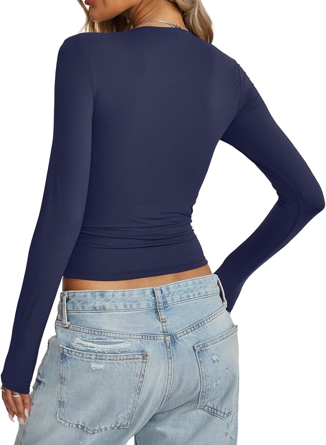 imageWomens Double Lined Long Sleeve Tops Sexy Square Neck Shirt Going Out Tops Fitted Y2K Fashion Fall Tees 2025Navy Blue
