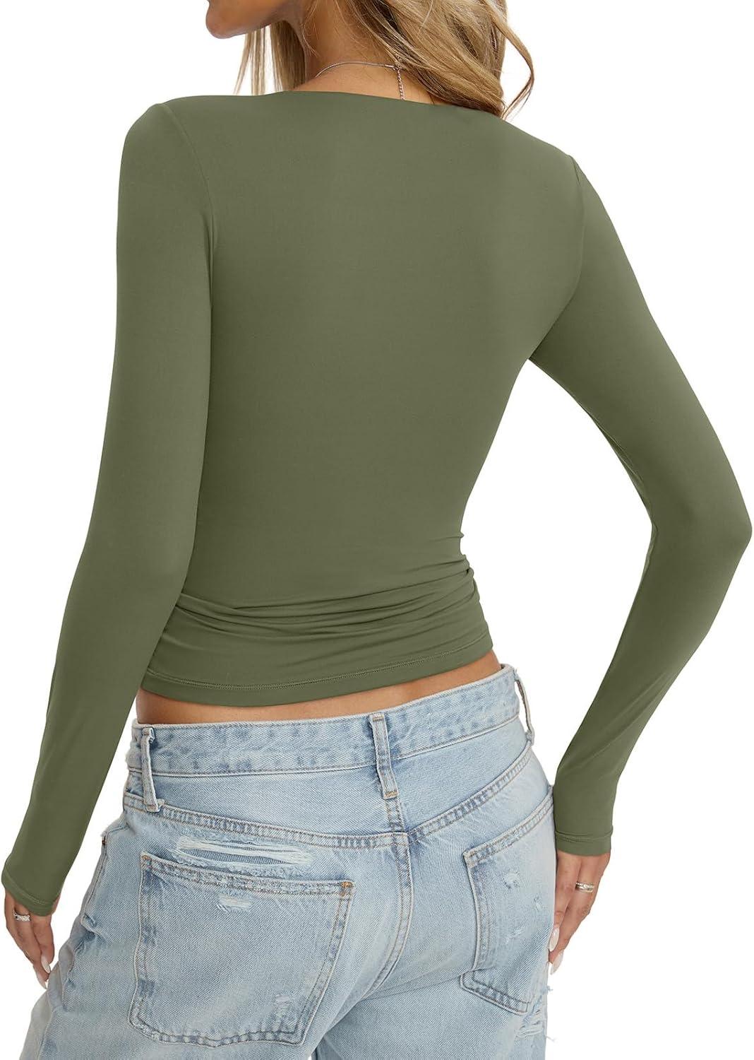 imageWomens Double Lined Seamless Crew Neck Shirts Basic Long Sleeve Tops Sexy Slim Fit T Shirts Casual Fall ClothesArmy Green