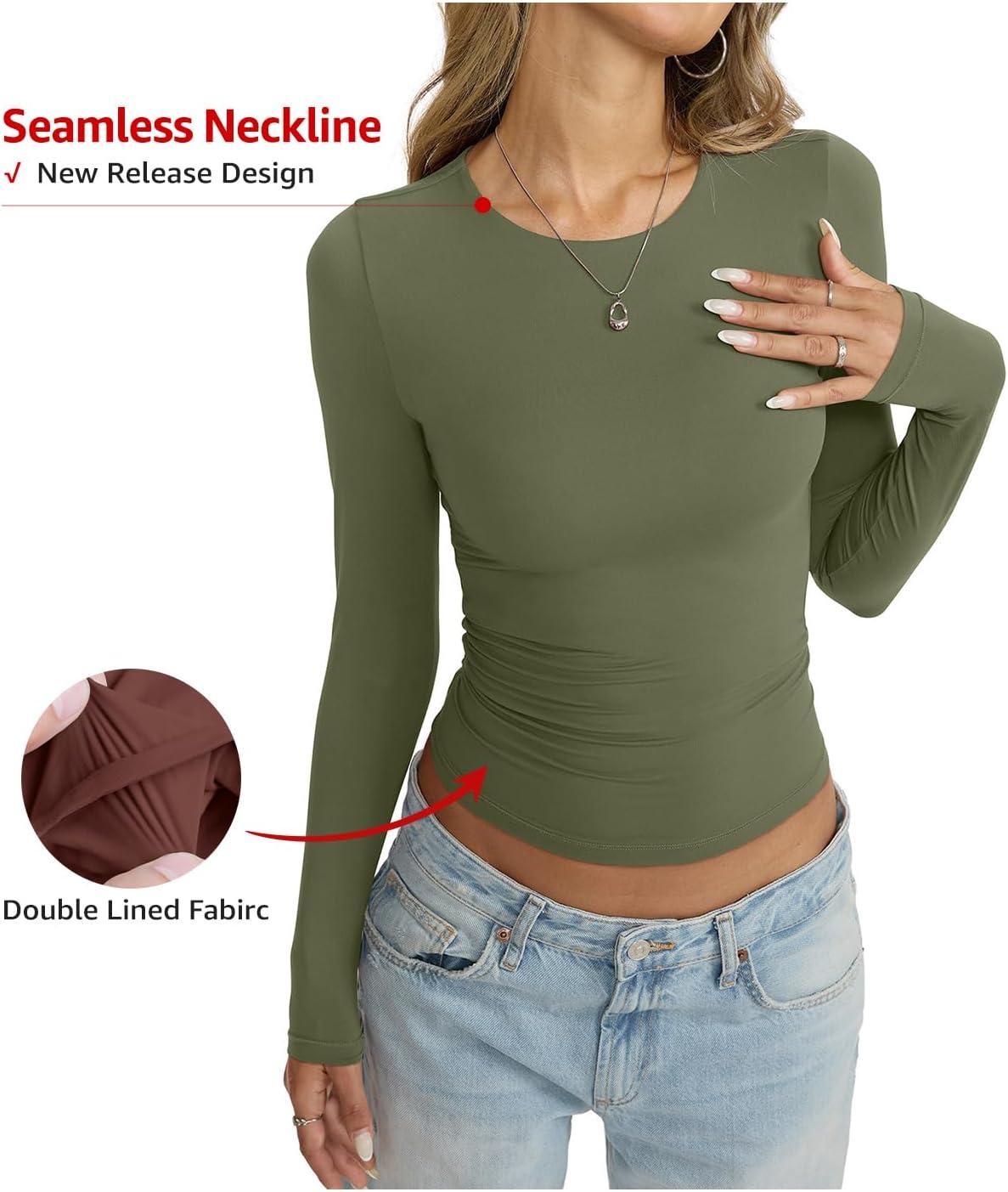 imageWomens Double Lined Seamless Crew Neck Shirts Basic Long Sleeve Tops Sexy Slim Fit T Shirts Casual Fall ClothesArmy Green