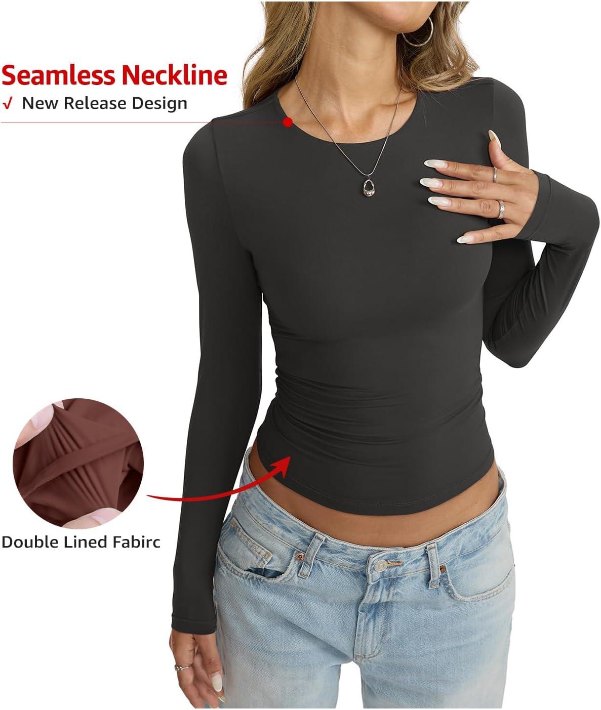 imageWomens Double Lined Seamless Crew Neck Shirts Basic Long Sleeve Tops Sexy Slim Fit T Shirts Casual Fall ClothesBlack