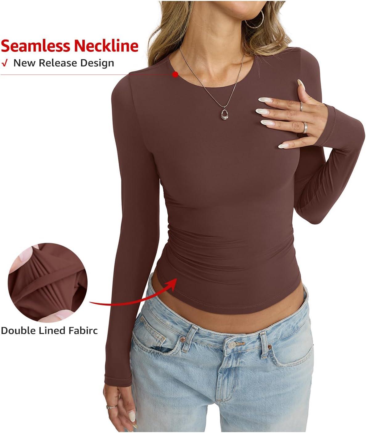 imageWomens Double Lined Seamless Crew Neck Shirts Basic Long Sleeve Tops Sexy Slim Fit T Shirts Casual Fall ClothesBrown