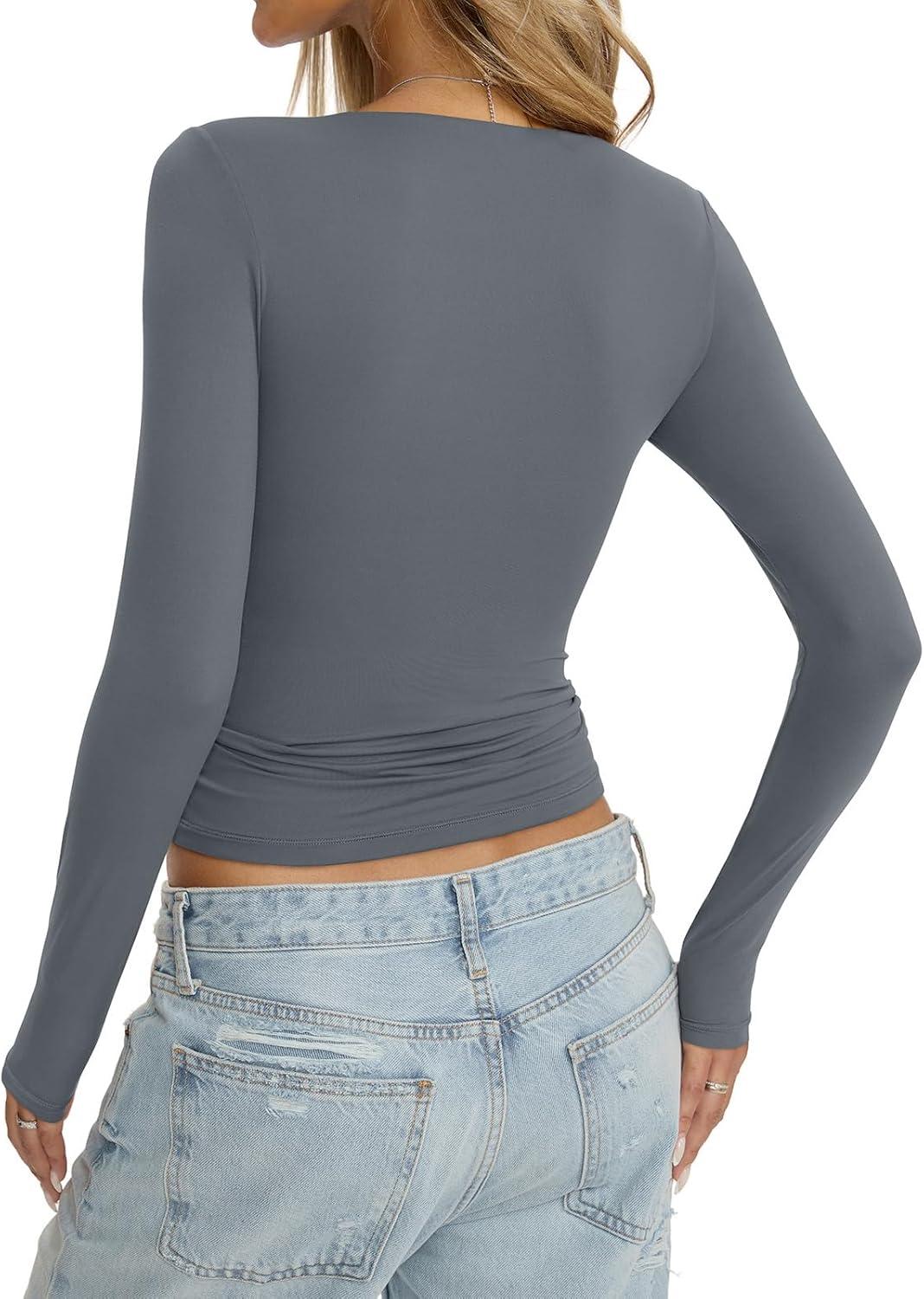 imageWomens Double Lined Seamless Crew Neck Shirts Basic Long Sleeve Tops Sexy Slim Fit T Shirts Casual Fall ClothesGrey