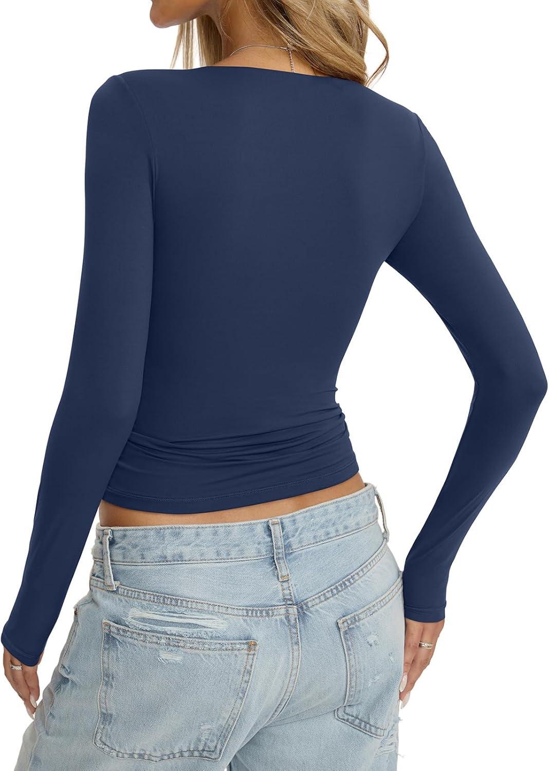 imageWomens Double Lined Seamless Crew Neck Shirts Basic Long Sleeve Tops Sexy Slim Fit T Shirts Casual Fall ClothesNavy Blue