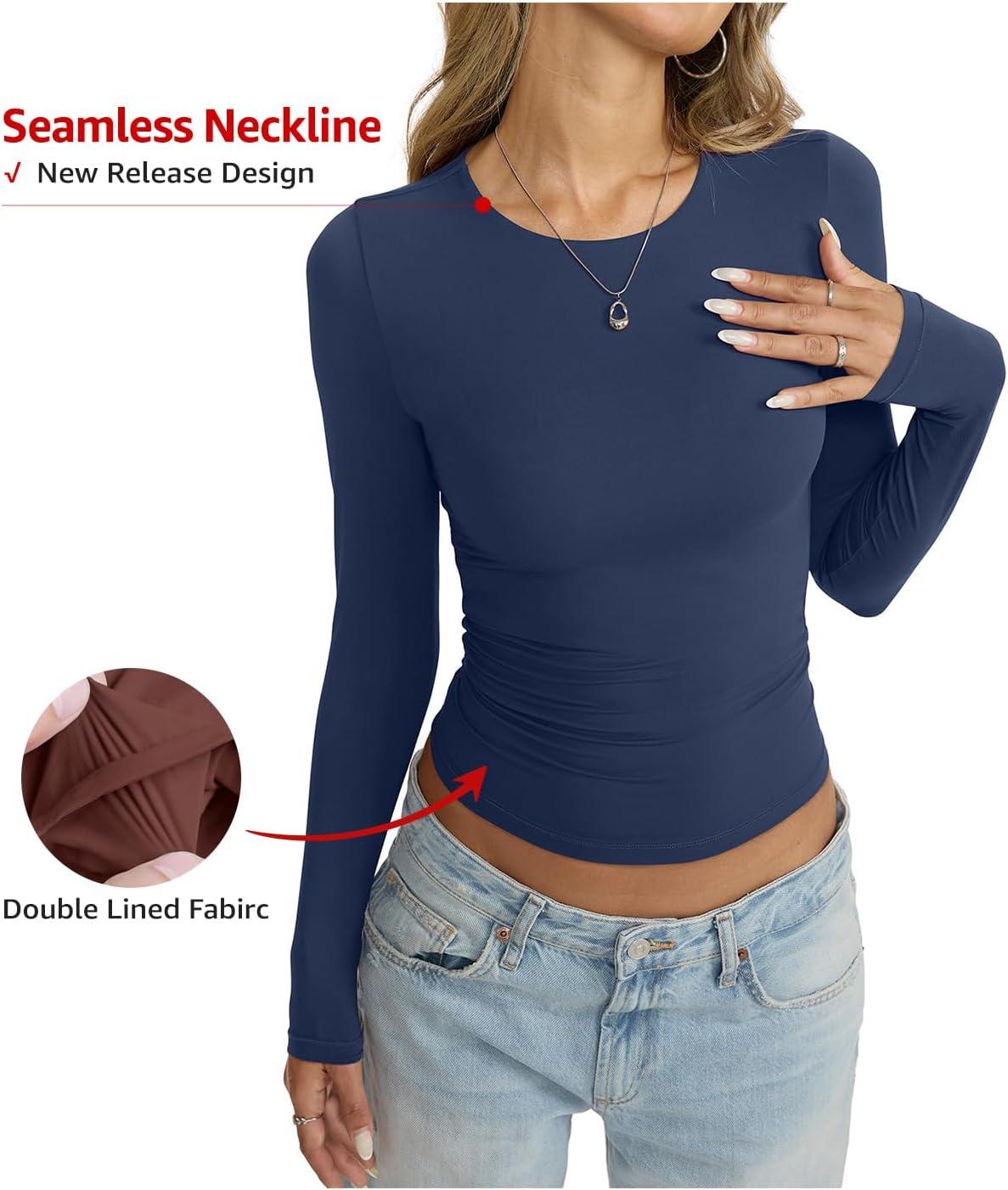 imageWomens Double Lined Seamless Crew Neck Shirts Basic Long Sleeve Tops Sexy Slim Fit T Shirts Casual Fall ClothesNavy Blue