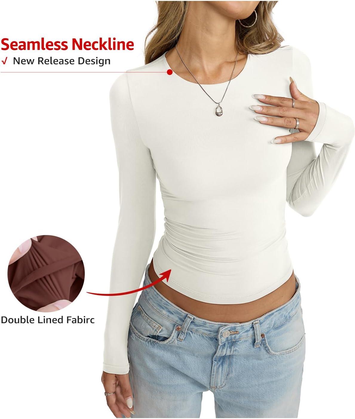 imageWomens Double Lined Seamless Crew Neck Shirts Basic Long Sleeve Tops Sexy Slim Fit T Shirts Casual Fall ClothesWhite Cream