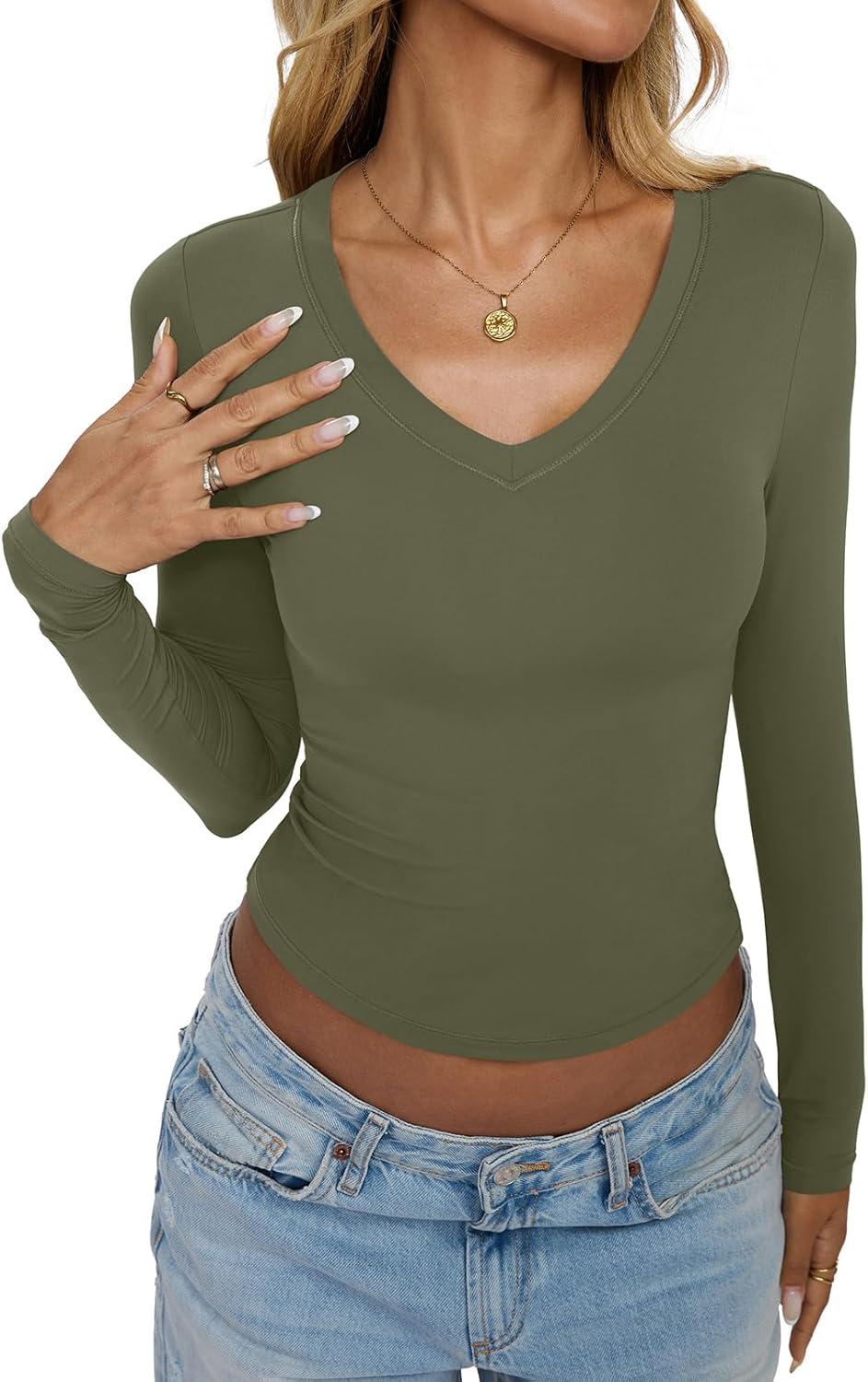 imageWomens Double Lined V Neck Long Sleeve Shirts Slim Fit Layering Tee Going Out Tops Trendy Fall Clothes 2025Army Green