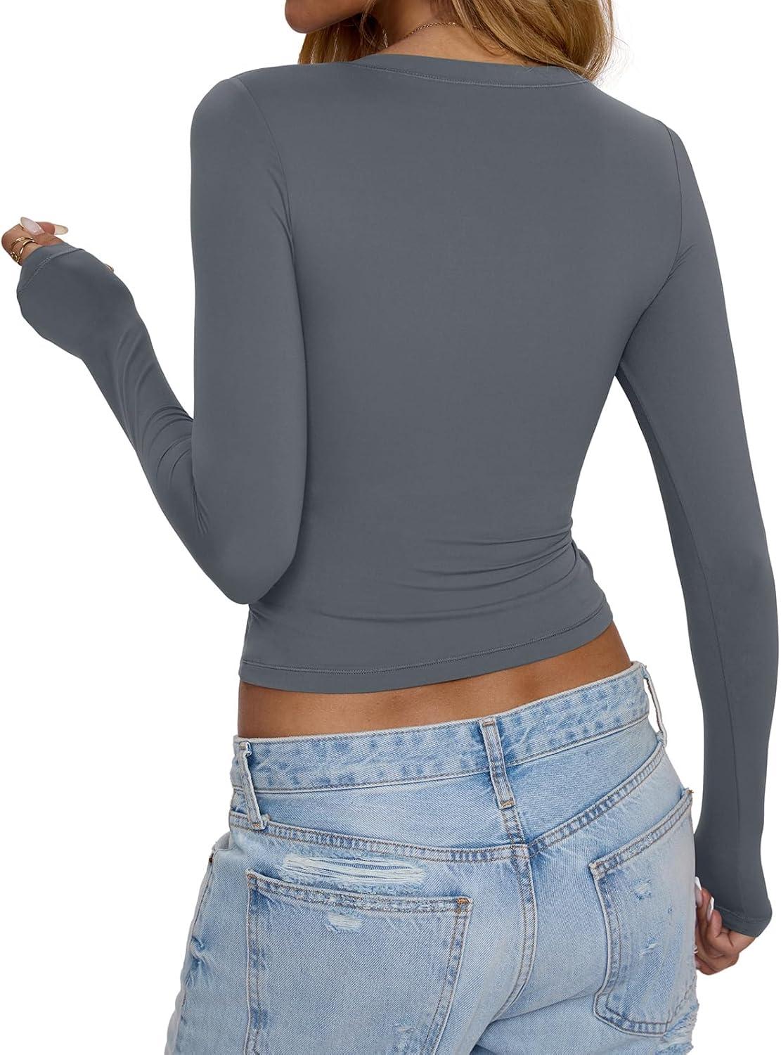 imageWomens Double Lined V Neck Long Sleeve Shirts Slim Fit Layering Tee Going Out Tops Trendy Fall Clothes 2025Grey