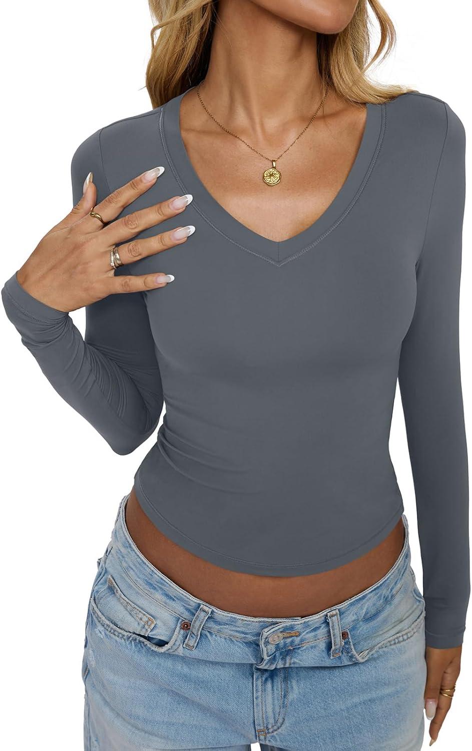 imageWomens Double Lined V Neck Long Sleeve Shirts Slim Fit Layering Tee Going Out Tops Trendy Fall Clothes 2025Grey