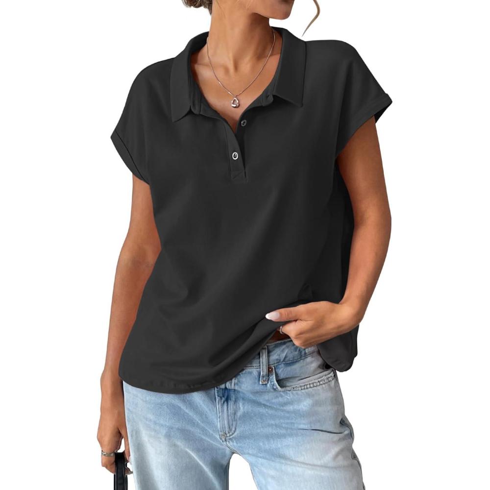 imageWomens Cotton Cap Sleeve Polo Shirts Oversized Short Sleeve Henley Neck Tops Summer Loose Fit Boxy TeesBlack