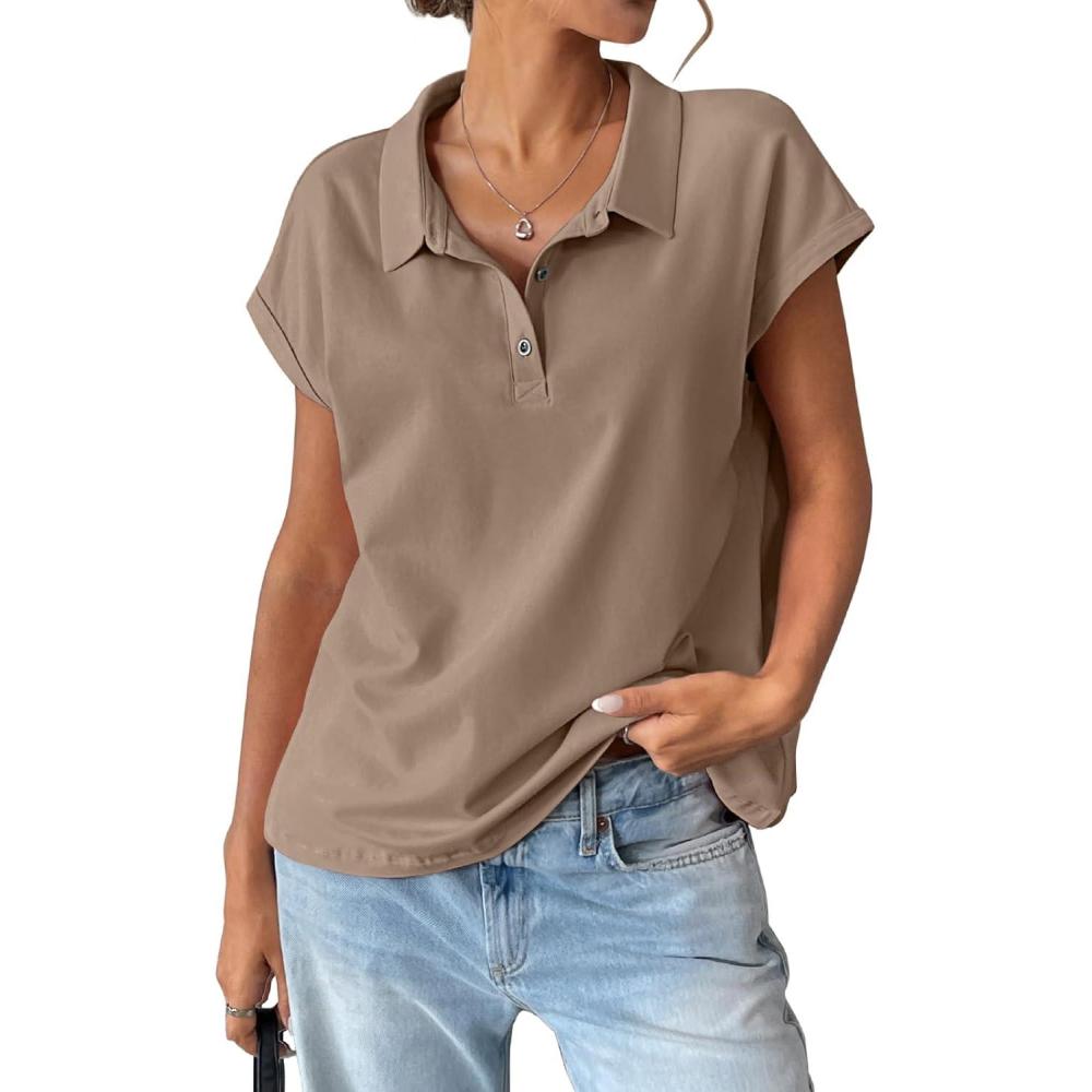 imageWomens Cotton Cap Sleeve Polo Shirts Oversized Short Sleeve Henley Neck Tops Summer Loose Fit Boxy TeesKhaki