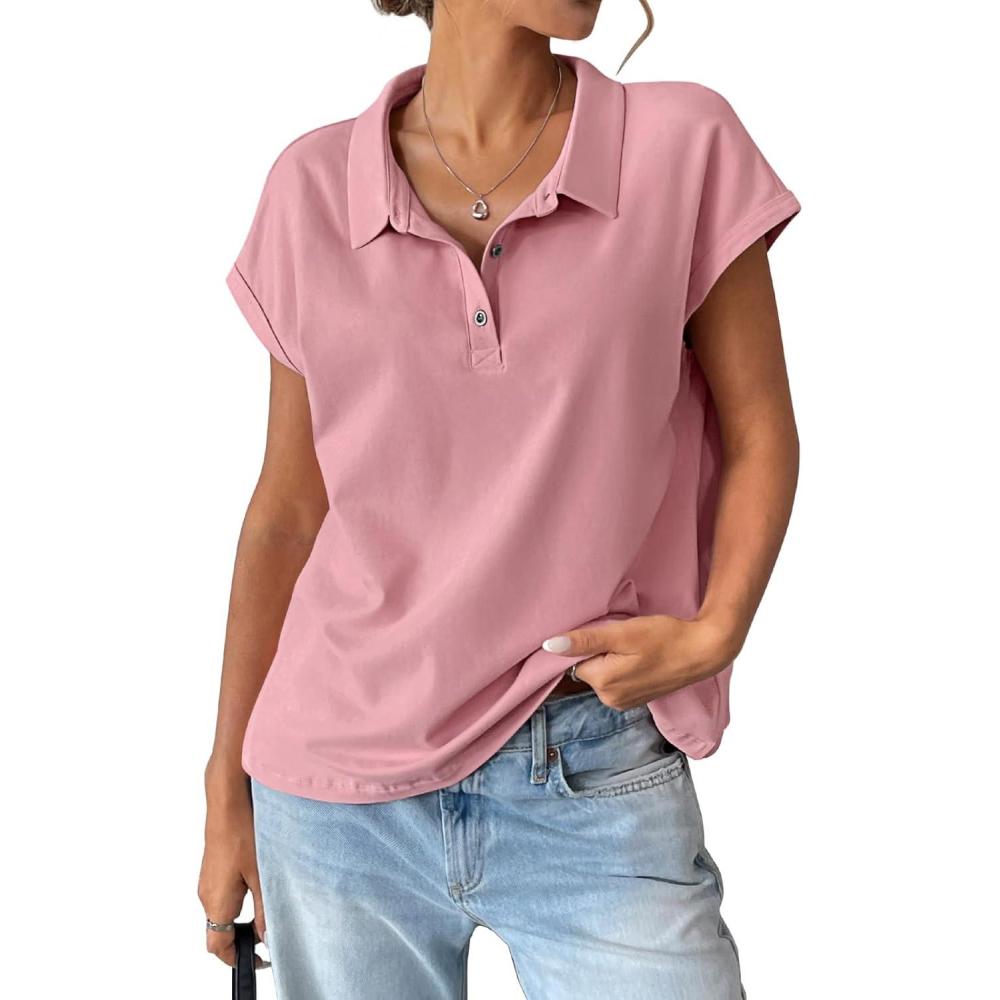 imageWomens Cotton Cap Sleeve Polo Shirts Oversized Short Sleeve Henley Neck Tops Summer Loose Fit Boxy TeesPink