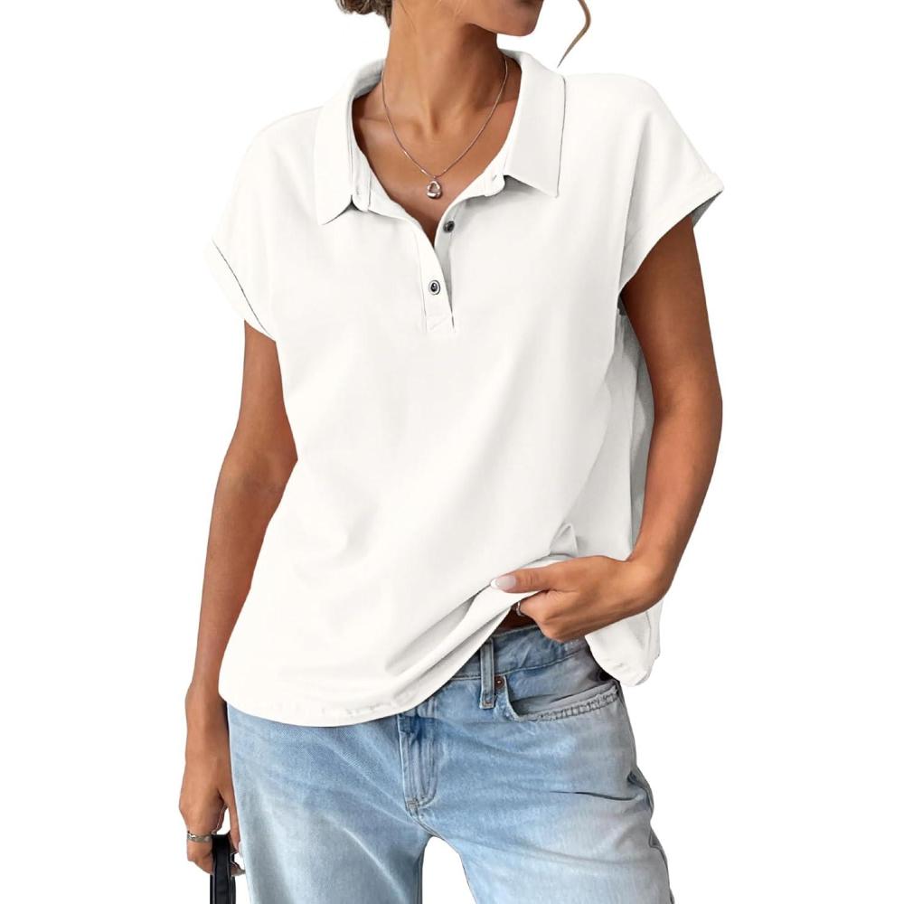 imageWomens Cotton Cap Sleeve Polo Shirts Oversized Short Sleeve Henley Neck Tops Summer Loose Fit Boxy TeesWhite