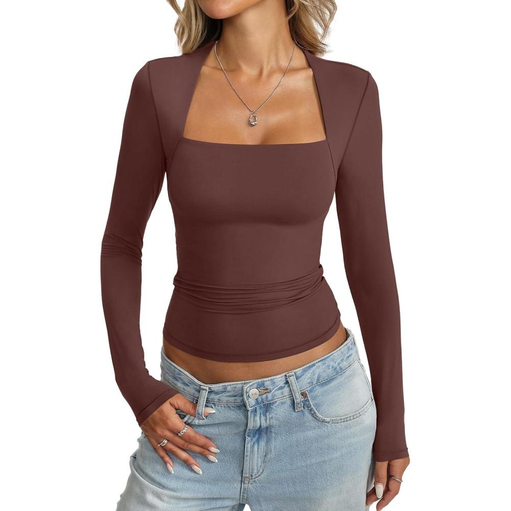 imageWomens Double Lined Long Sleeve Tops Sexy Square Neck Shirt Going Out Tops Fitted Y2K Fashion Fall Tees 2025Brown