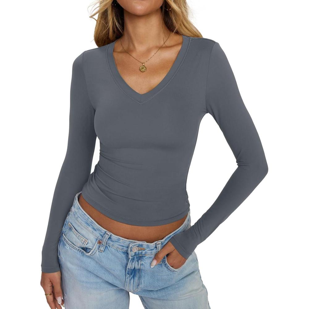 imageWomens Double Lined V Neck Long Sleeve Shirts Slim Fit Layering Tee Going Out Tops Trendy Fall Clothes 2025Grey