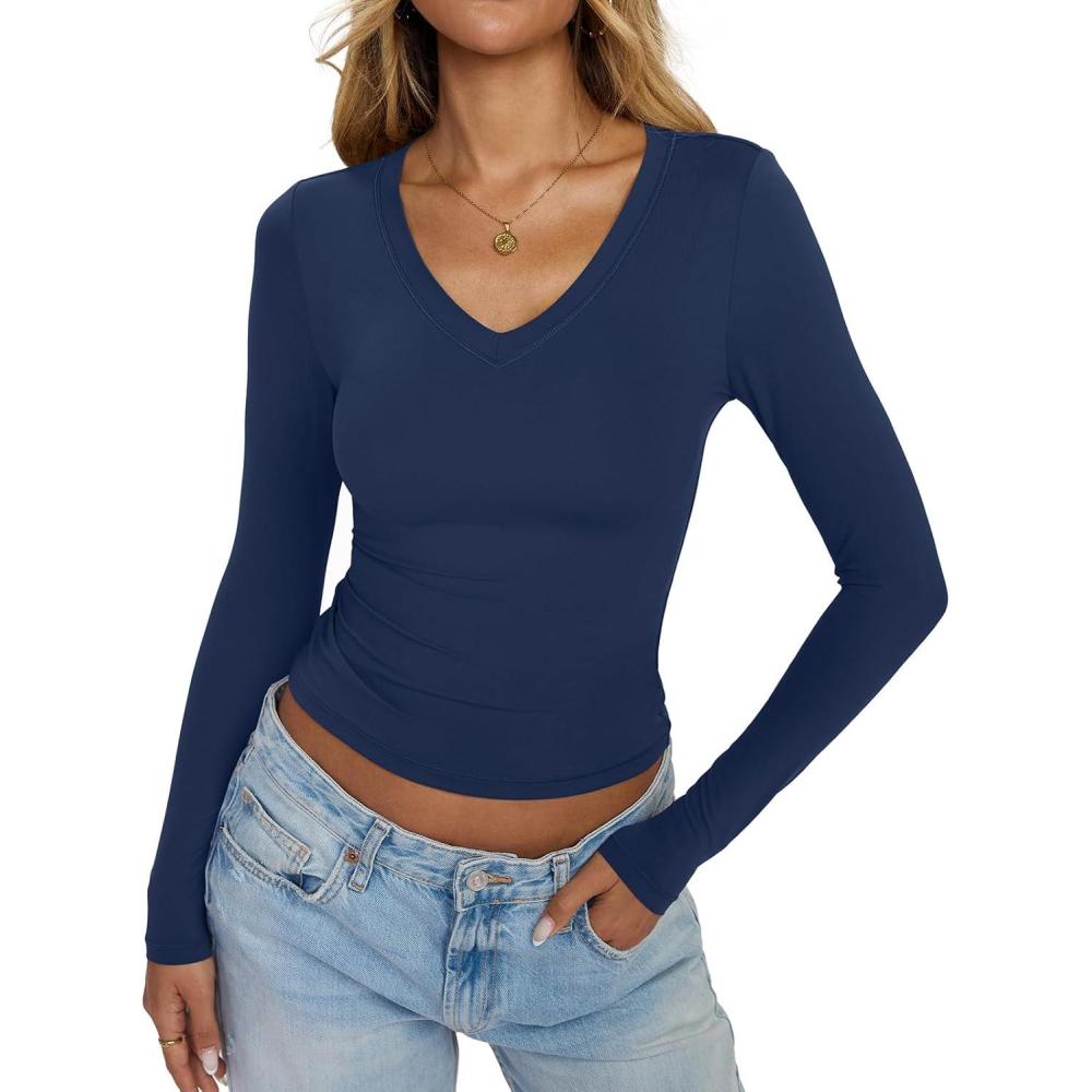 imageWomens Double Lined V Neck Long Sleeve Shirts Slim Fit Layering Tee Going Out Tops Trendy Fall Clothes 2025Navy Blue