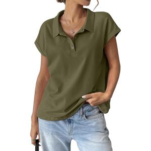 Womens Cotton Cap Sleeve Polo Shirts Oversized Short Sleeve Henley Neck Tops Summer Loose Fit Boxy Tees(Army Green)