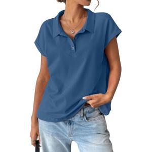 Womens Cotton Cap Sleeve Polo Shirts Oversized Short Sleeve Henley Neck Tops Summer Loose Fit Boxy Tees(Blue)