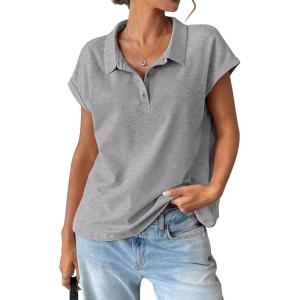 Womens Cotton Cap Sleeve Polo Shirts Oversized Short Sleeve Henley Neck Tops Summer Loose Fit Boxy Tees(Dark Grey)