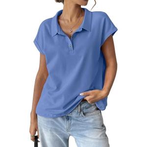 Womens Cotton Cap Sleeve Polo Shirts Oversized Short Sleeve Henley Neck Tops Summer Loose Fit Boxy Tees(Light Blue)