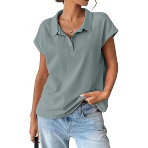 Womens Cotton Cap Sleeve Polo Shirts Oversized Short Sleeve Henley Neck Tops Summer Loose Fit Boxy Tees(Light Green)