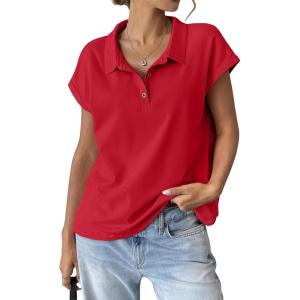 Womens Cotton Cap Sleeve Polo Shirts Oversized Short Sleeve Henley Neck Tops Summer Loose Fit Boxy Tees(Red)