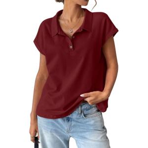 Womens Cotton Cap Sleeve Polo Shirts Oversized Short Sleeve Henley Neck Tops Summer Loose Fit Boxy Tees(Wine Red)