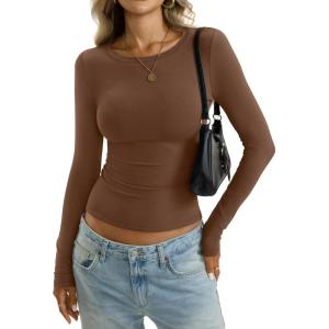 Womens Cotton Long Sleeve Shirts Wide Round Neck Fitted Tops Basic Going Out Crop Outfits Fall Undershirts 2026(Brown)