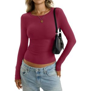 Womens Cotton Long Sleeve Shirts Wide Round Neck Fitted Tops Basic Going Out Crop Outfits Fall Undershirts 2026(Magenta)