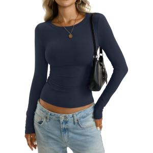 Womens Cotton Long Sleeve Shirts Wide Round Neck Fitted Tops Basic Going Out Crop Outfits Fall Undershirts 2026(Navy Blue)