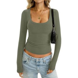 Womens Cotton Ribbed Knit Tops Scoop Neck Long Sleeve Shirts Slim Fit Stretchy Going Out Fall Trendy Clothes(Green)