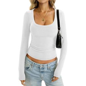 Womens Cotton Ribbed Knit Tops Scoop Neck Long Sleeve Shirts Slim Fit Stretchy Going Out Fall Trendy Clothes(White)