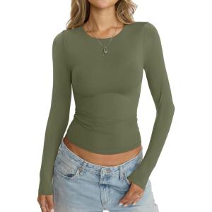 Womens Double Lined Seamless Crew Neck Shirts Basic Long Sleeve Tops Sexy Slim Fit T Shirts Casual Fall Clothes(Army Green)