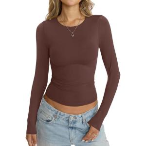 Womens Double Lined Seamless Crew Neck Shirts Basic Long Sleeve Tops Sexy Slim Fit T Shirts Casual Fall Clothes(Brown)