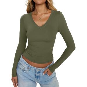 Womens Double Lined V Neck Long Sleeve Shirts Slim Fit Layering Tee Going Out Tops Trendy Fall Clothes 2025(Army Green)