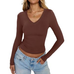 Womens Double Lined V Neck Long Sleeve Shirts Slim Fit Layering Tee Going Out Tops Trendy Fall Clothes 2025(Brown)