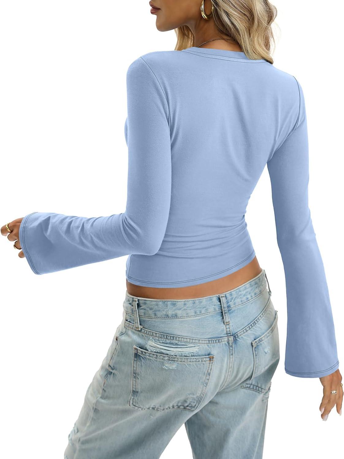 imageWomen Cotton Bell Long Sleeve Shirts Round Neck Fitted Shirt Trendy Going Out Tops Y2K Fall Clothes 2026Baby Blue