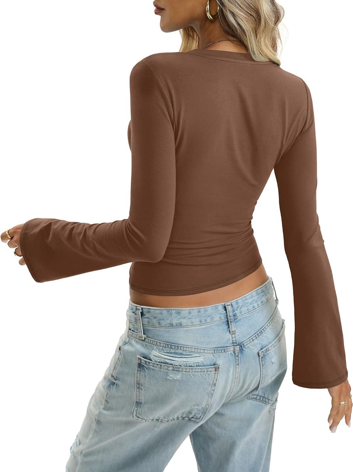 imageWomen Cotton Bell Long Sleeve Shirts Round Neck Fitted Shirt Trendy Going Out Tops Y2K Fall Clothes 2026Brown