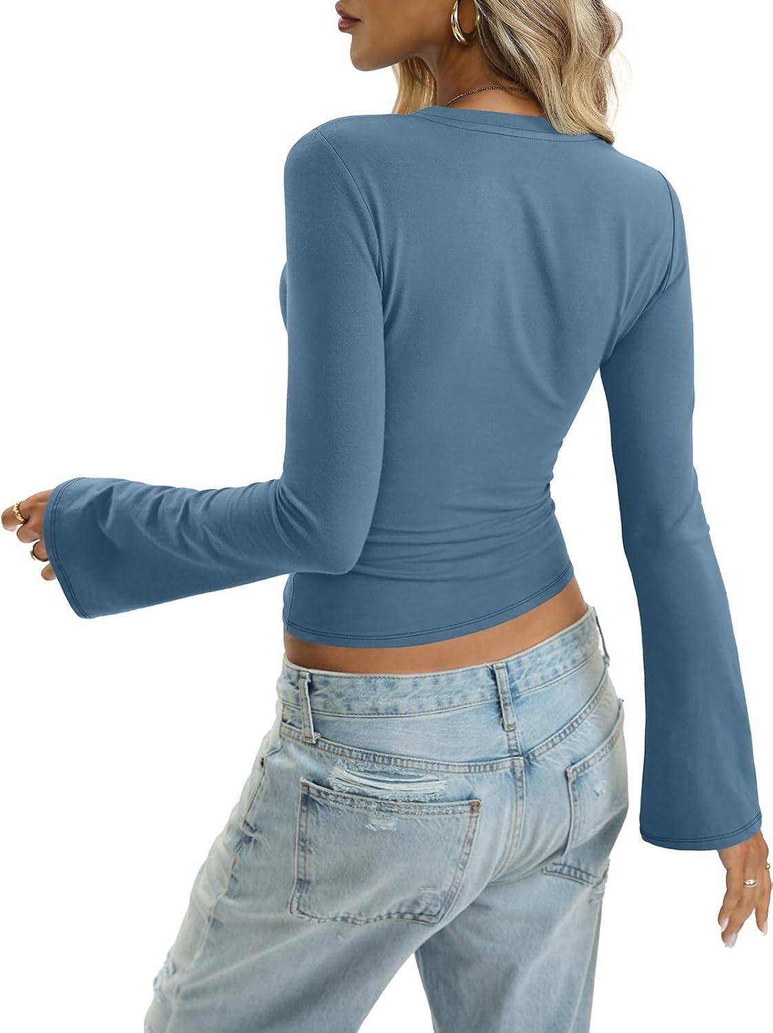 imageWomen Cotton Bell Long Sleeve Shirts Round Neck Fitted Shirt Trendy Going Out Tops Y2K Fall Clothes 2026Kyanite