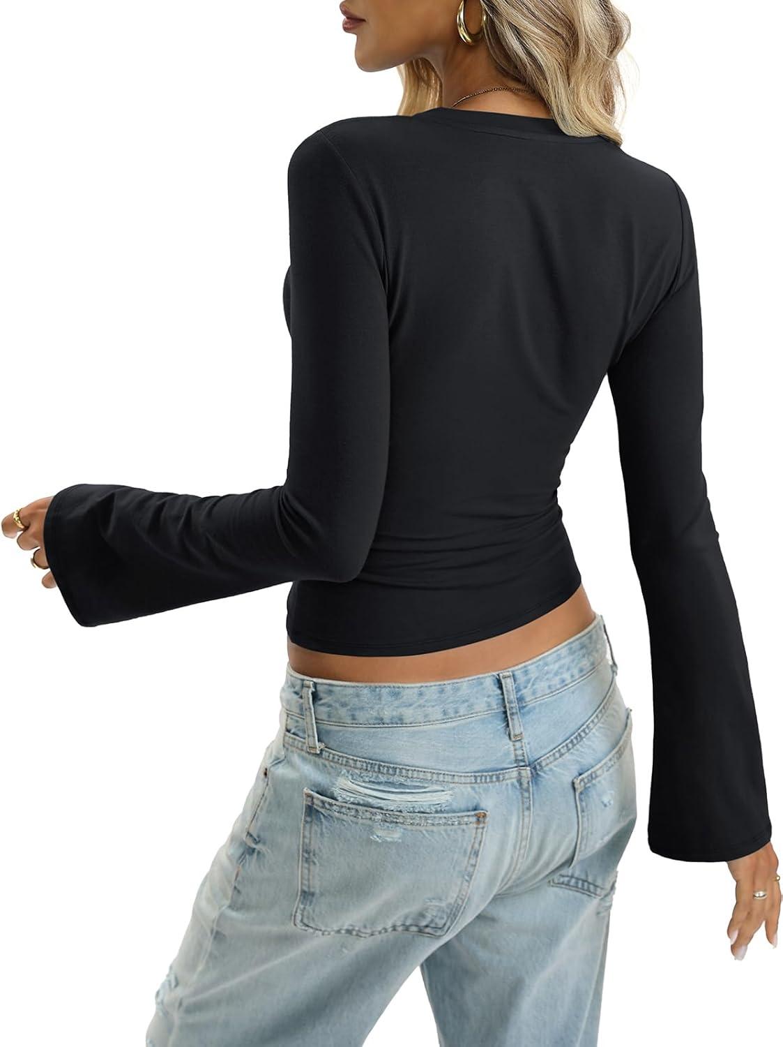 imageWomen Cotton Bell Long Sleeve Shirts Round Neck Fitted Shirt Trendy Going Out Tops Y2K Fall Clothes 2026True Black