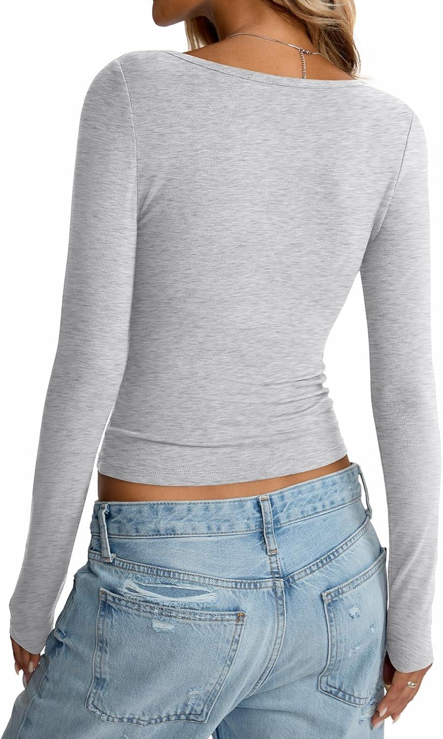 imageWomen Cotton Long Sleeve Henley Shirts V Neck Front Ruched Tops Sexy Low Cut Fitted TShirt Trendy Fall 2025Light Heather Grey